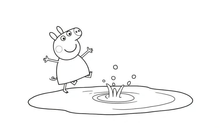 Placa de color de Peppa Pig saltando en un charco de barro.