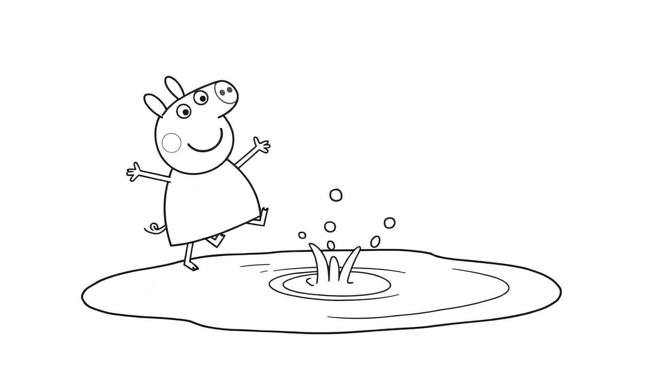 Placa de color de Peppa Pig saltando en un charco de barro.