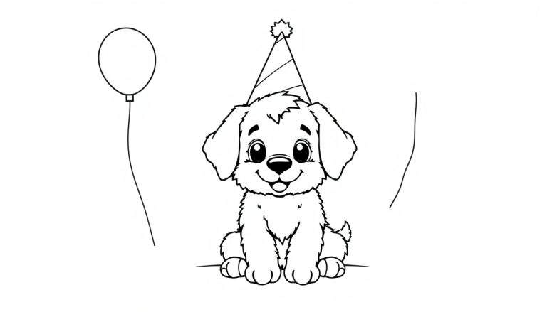Un cachorro de dibujo animado sentado con un gorro de fiesta y un globo, listo para colorear en una placa de color.