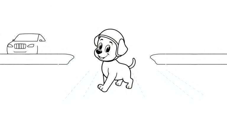 Placa de color para colorear de un perro con casco cruzando la calle.