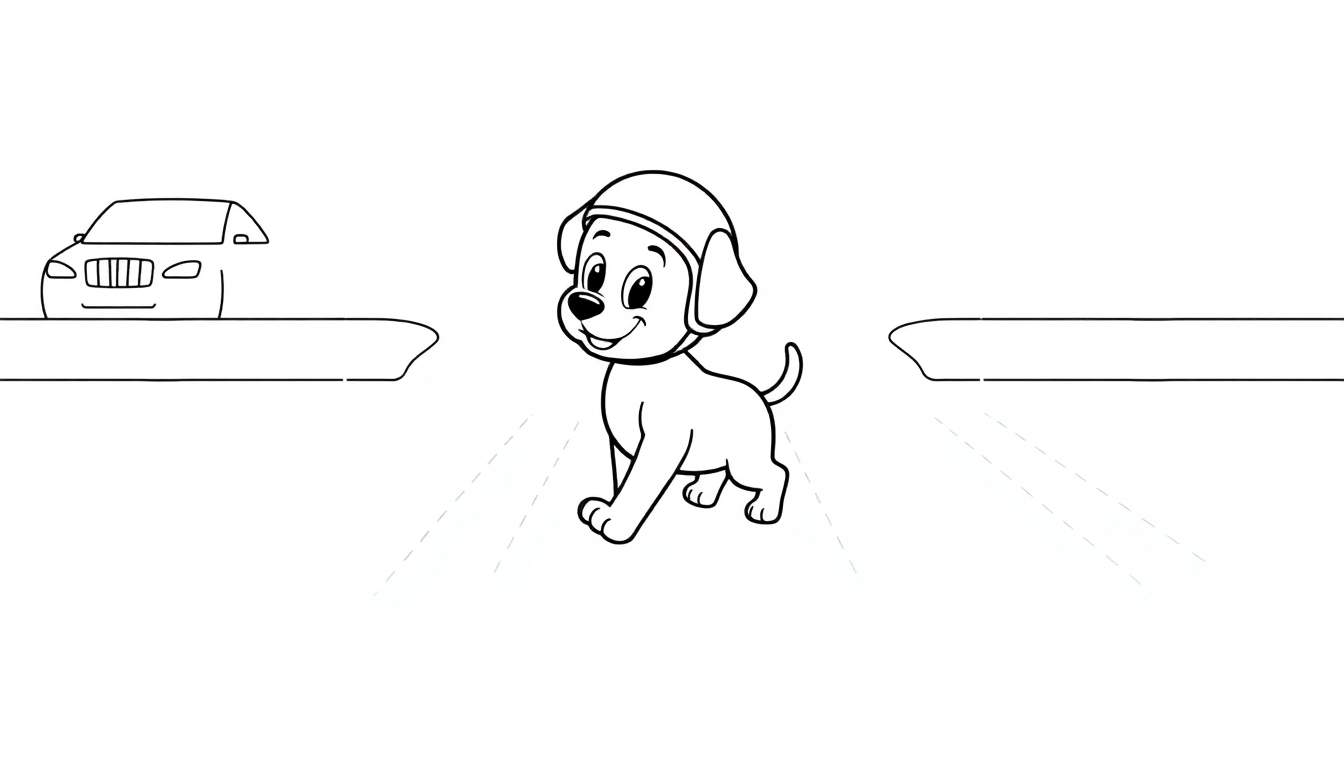 Placa de color para colorear de un perro con casco cruzando la calle.