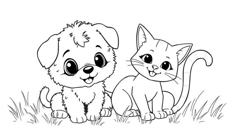 Un dibujo de un perrito y un gatito sentados juntos sobre una placa de color para colorear.