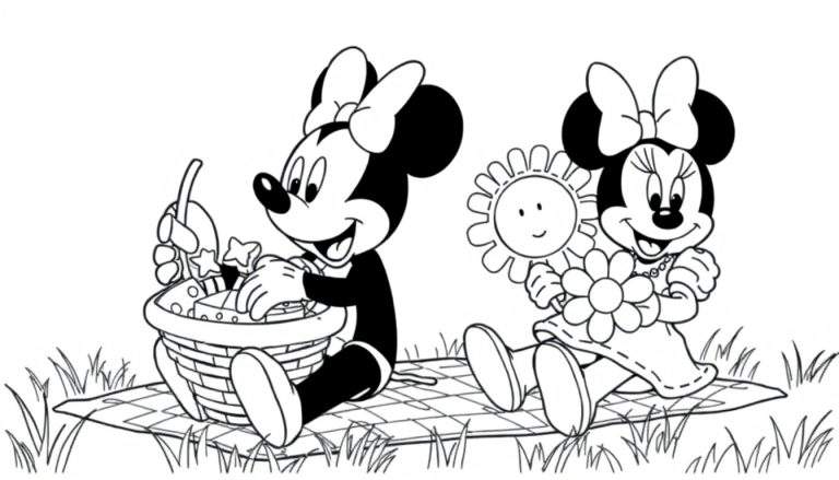 Mickey y Minnie Mouse disfrutando de un picnic, una placa de color para colorear.
