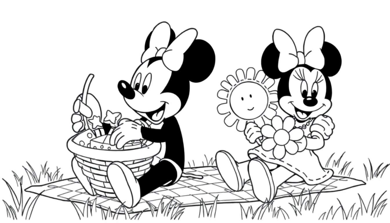 Mickey y Minnie Mouse disfrutando de un picnic, una placa de color para colorear.