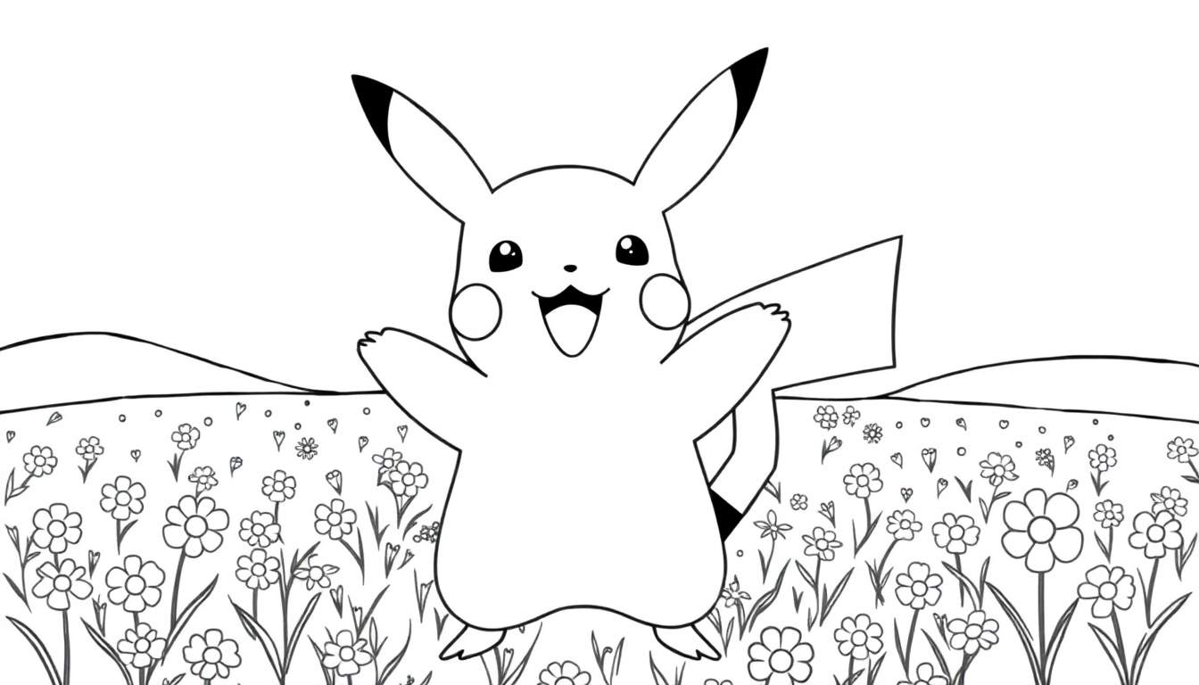 Placa de color de un Pikachu sonriente con los brazos extendidos en un campo de flores.