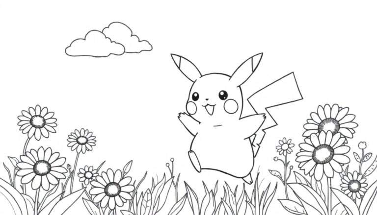 Placa de color de Pikachu saltando alegremente en un campo de margaritas.