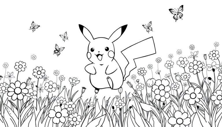Pikachu corriendo feliz por un campo de flores, listo para colorear en la placa de color.