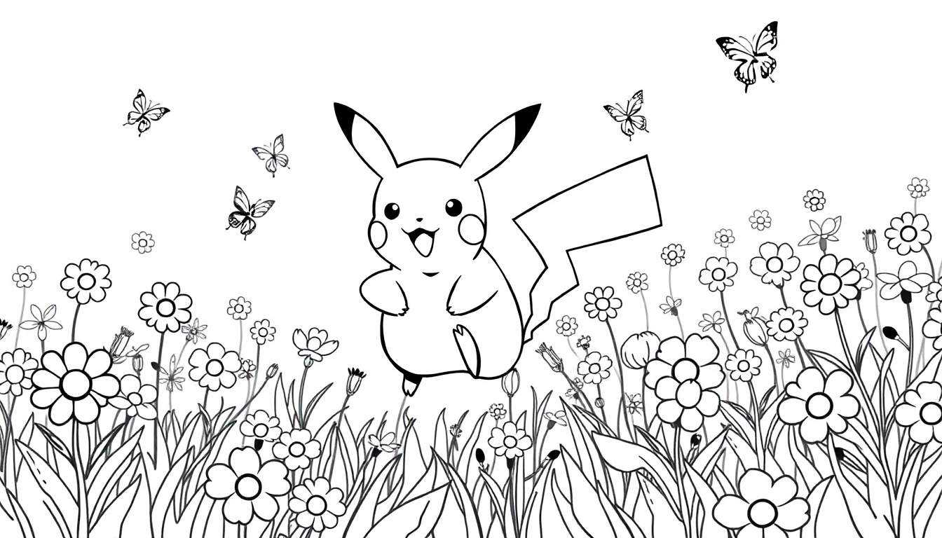 Pikachu corriendo feliz por un campo de flores, listo para colorear en la placa de color.
