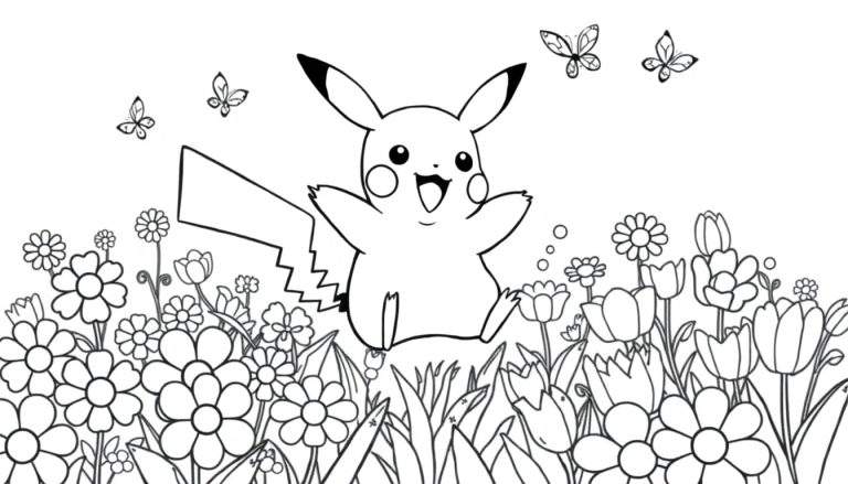 Placa de color de Pikachu feliz en un campo de flores, listo para colorear.
