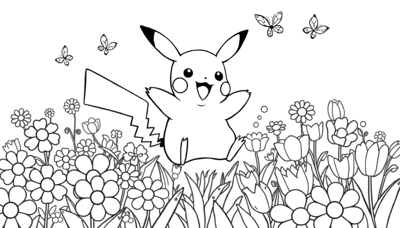 Placa de color de Pikachu feliz en un campo de flores, listo para colorear.