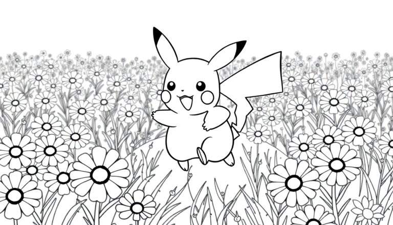 Placa de color de Pikachu jugando en un campo de margaritas.