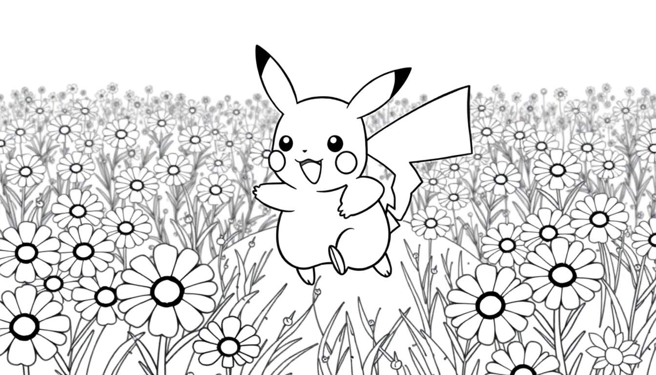 Placa de color de Pikachu jugando en un campo de margaritas.