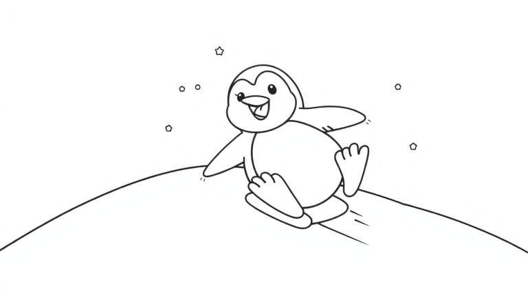 Placa de color de un pingüino feliz deslizándose por la nieve.