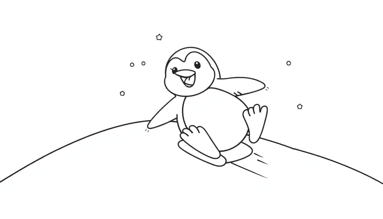 Placa de color de un pingüino feliz deslizándose por la nieve.
