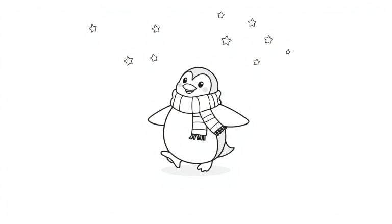 Placa de color: un dibujo lineal de un pingüino sonriente con una bufanda y estrellas.