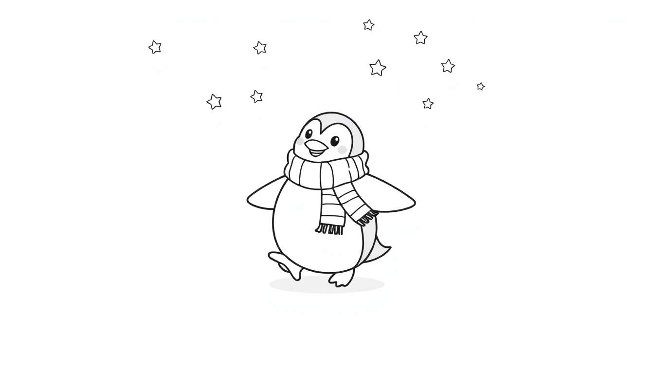 Placa de color: un dibujo lineal de un pingüino sonriente con una bufanda y estrellas.