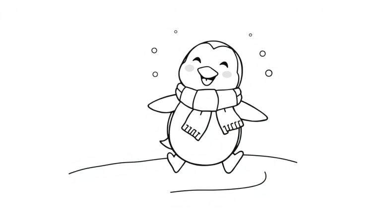 Placa de color de un pingüino adorable con bufanda en la nieve.