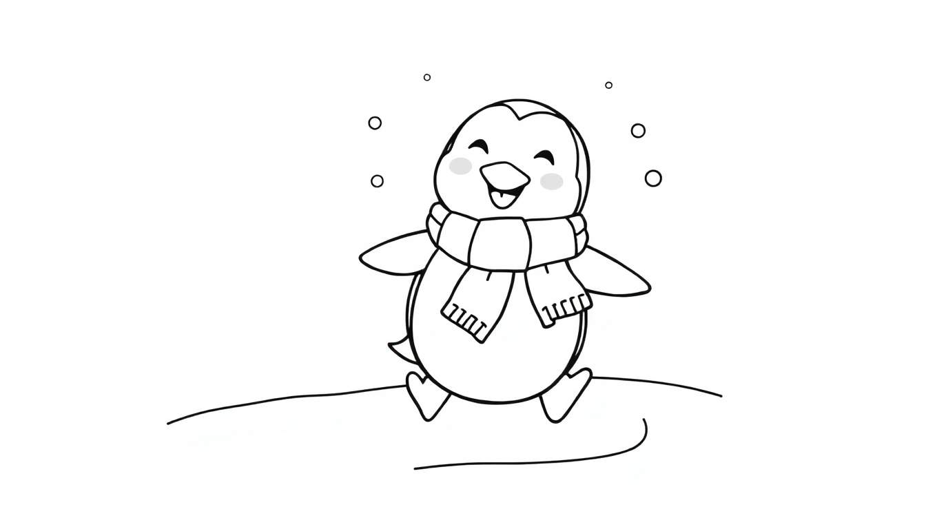 Placa de color de un pingüino adorable con bufanda en la nieve.