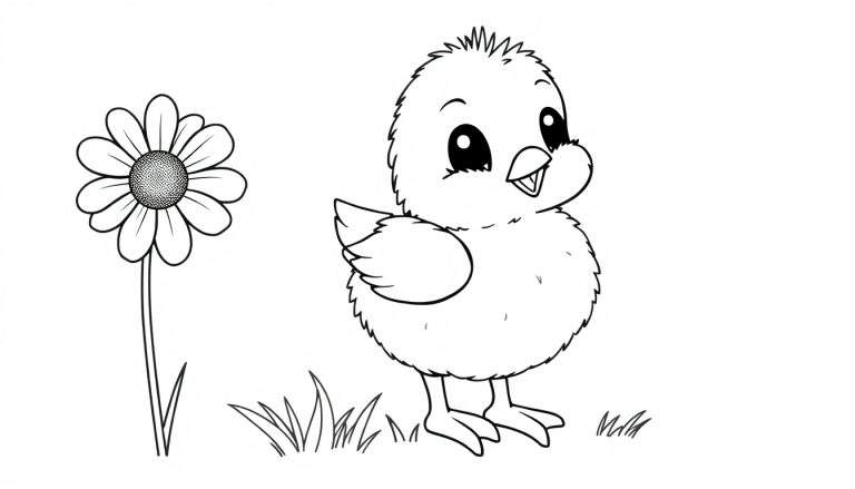 Placa de color de un pollito curioso cerca de una flor.