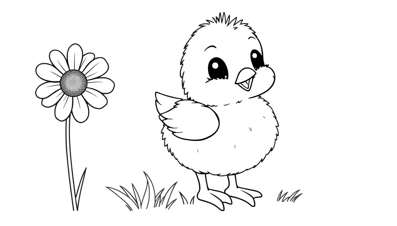 Placa de color de un pollito curioso cerca de una flor.