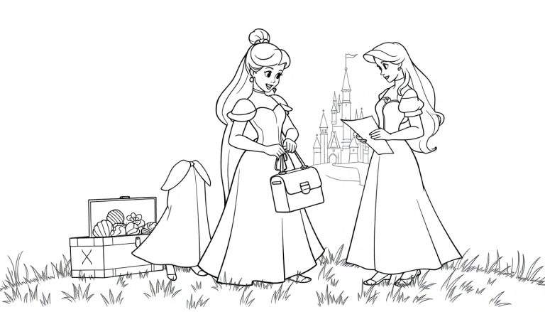 Placa de color de dos princesas frente a un castillo, una con bolso y la otra mirando un papel, con un cofre del tesoro y abrigo detrás de la primera.