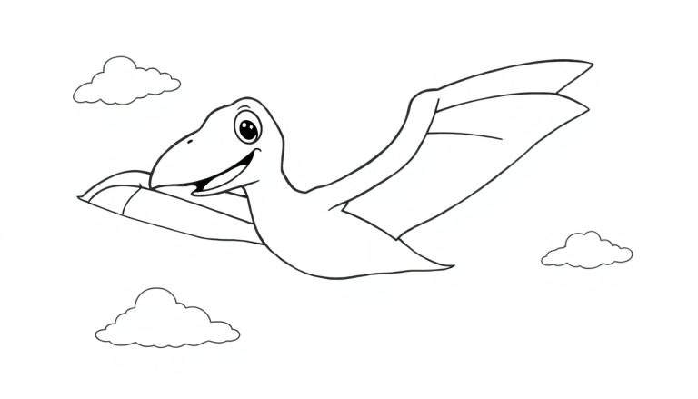Una placa de color de un pterodáctilo feliz volando entre nubes.