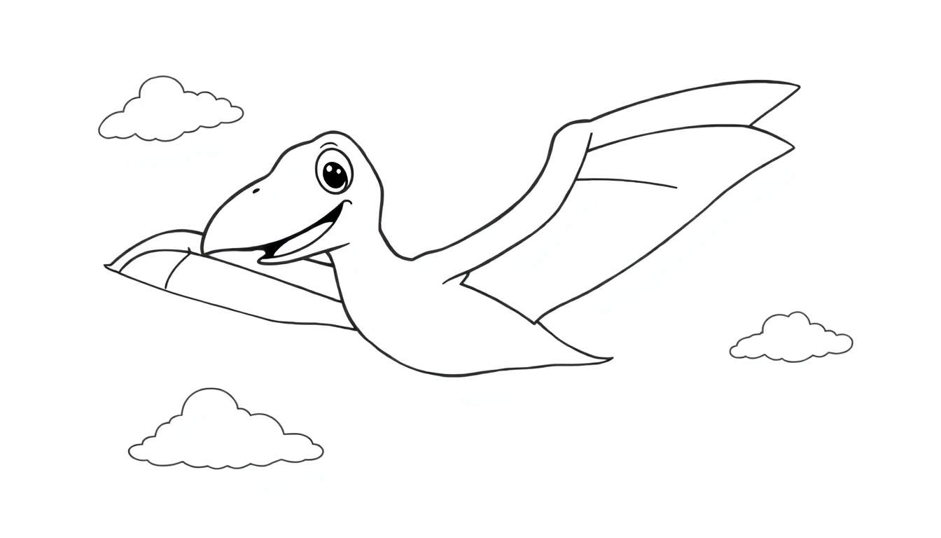 Una placa de color de un pterodáctilo feliz volando entre nubes.