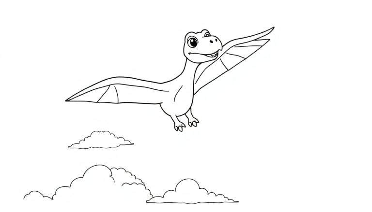 Pterodáctilo de dibujos animados sonriendo volando sobre nubes, diseñado como una placa de color para niños.
