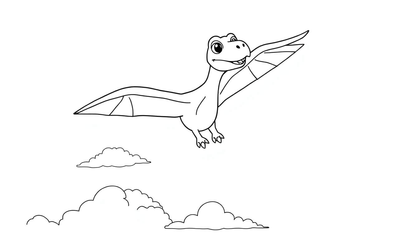 Pterodáctilo de dibujos animados sonriendo volando sobre nubes, diseñado como una placa de color para niños.