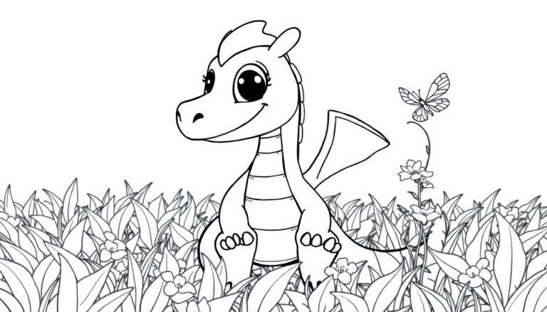 Puff el dragón amigable, un dragón tierno y sonriente listo para colorear en una placa de color.