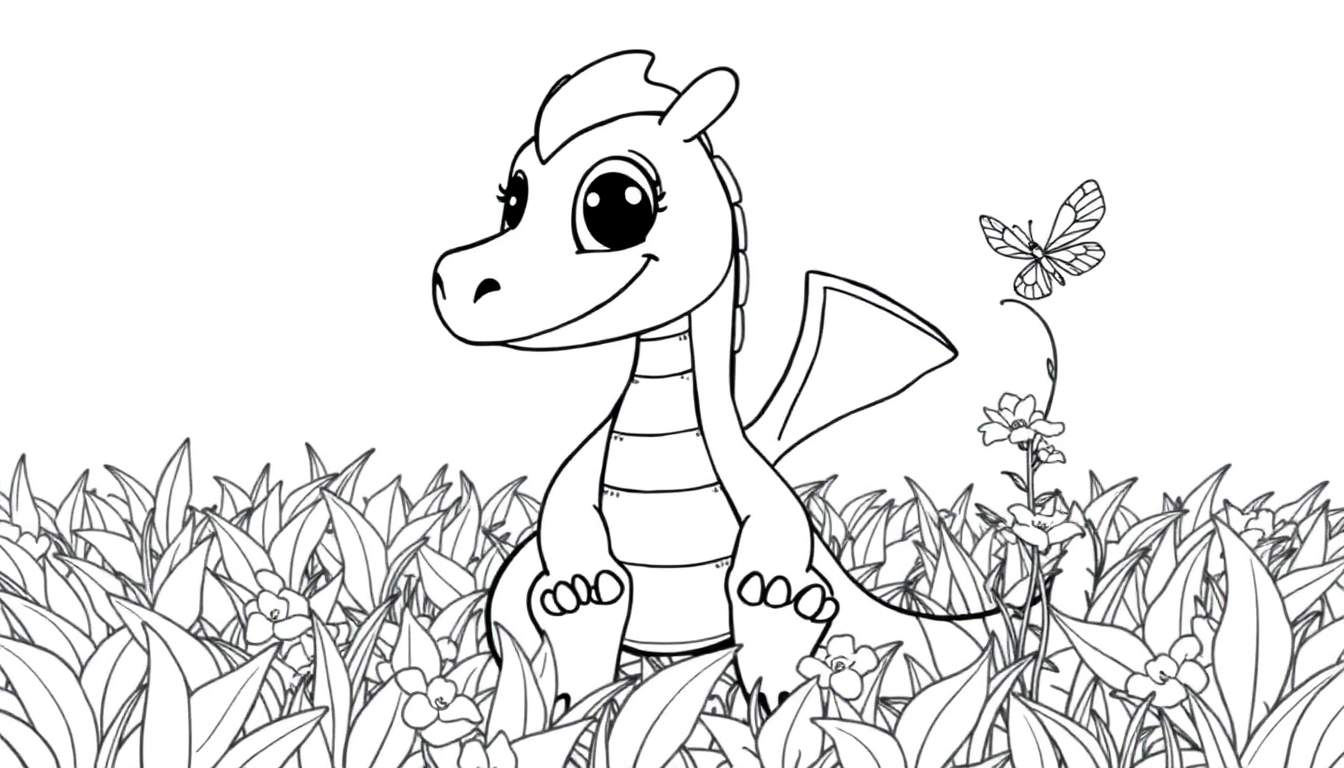 Puff el dragón amigable, un dragón tierno y sonriente listo para colorear en una placa de color.