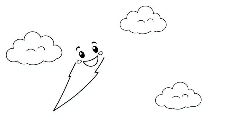 Una placa de color de un rayo sonriente con nubes.