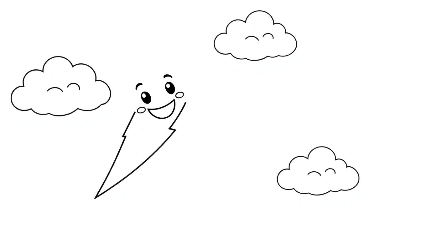 Una placa de color de un rayo sonriente con nubes.