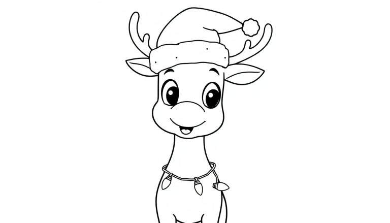 Placa de color de un reno navideño amigable con un gorro de Papá Noel y luces de Navidad.