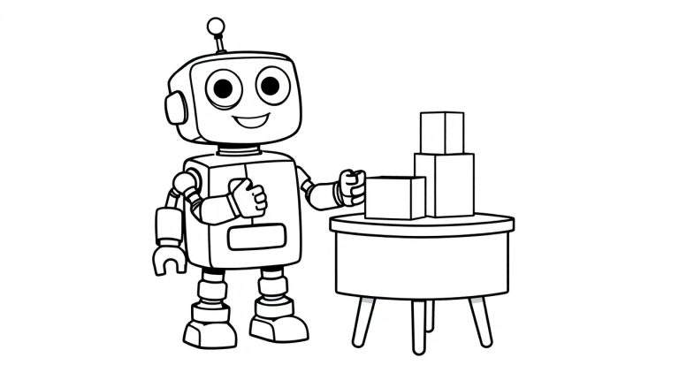 Placa de color de un robot amigable aprendiendo a sumar con bloques.