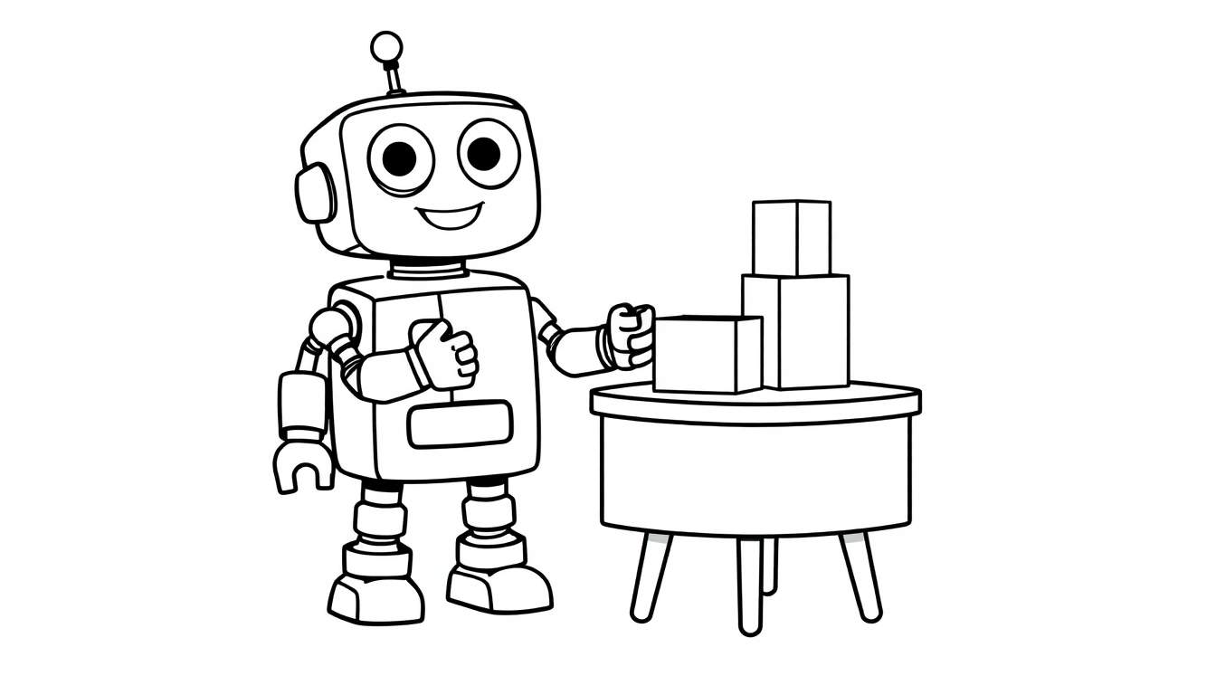 Placa de color de un robot amigable aprendiendo a sumar con bloques.