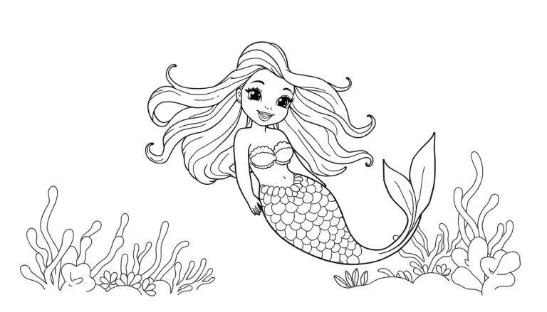 Placa de color de una sirena con el pelo largo nadando en el océano.