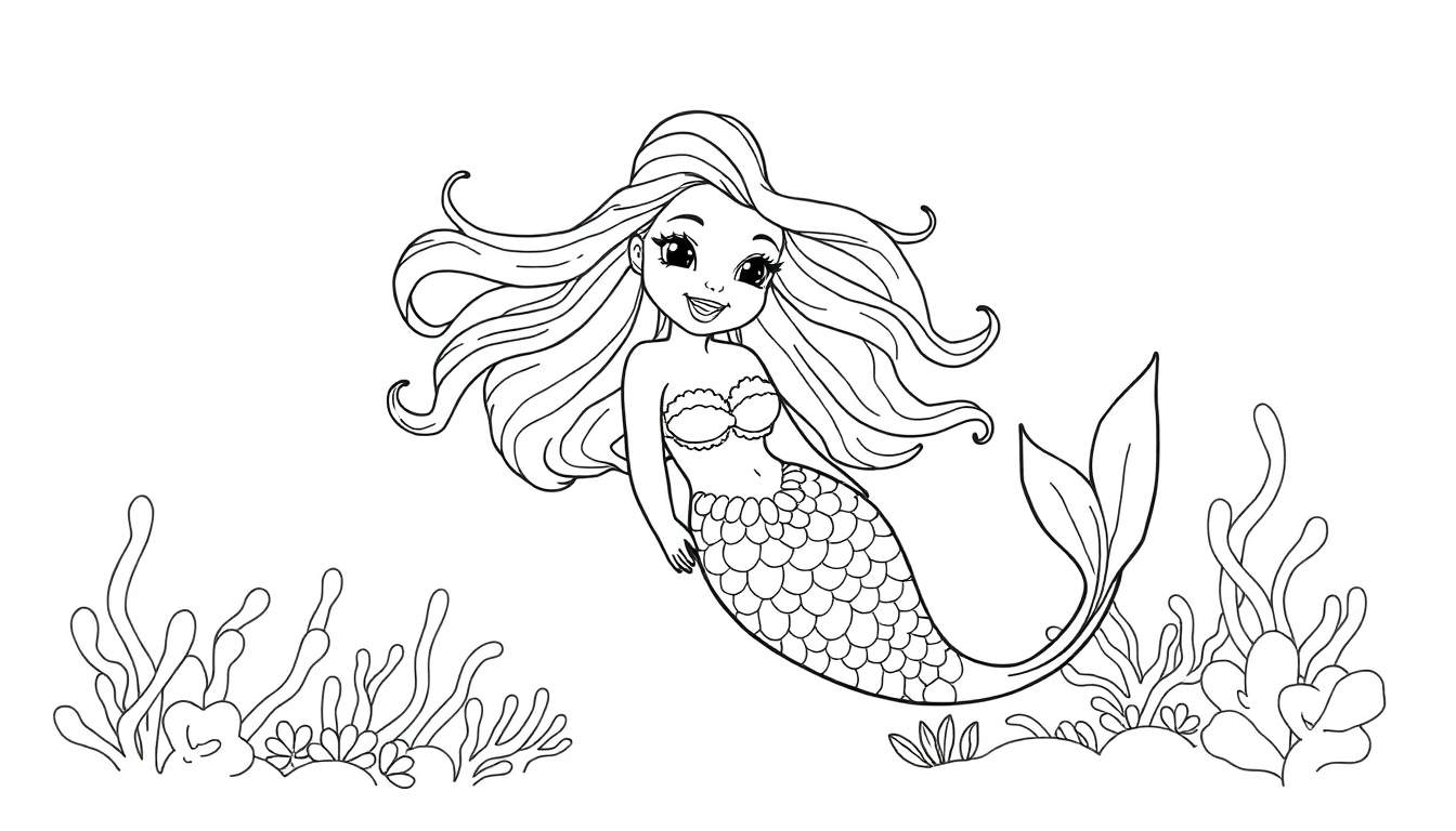 Placa de color de una sirena con el pelo largo nadando en el océano.