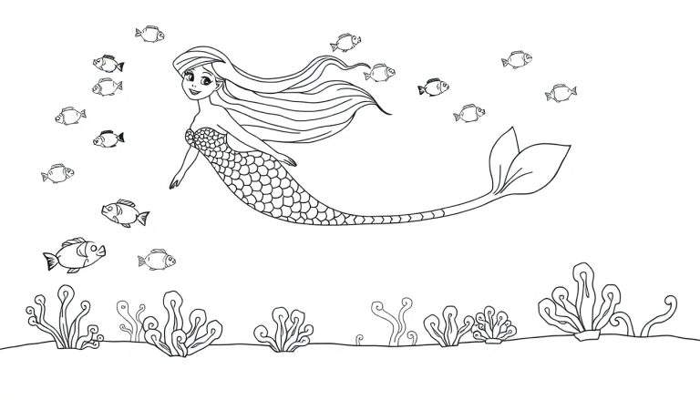 Una sirena de caricatura en blanco y negro, lista para colorear en su placa de color.