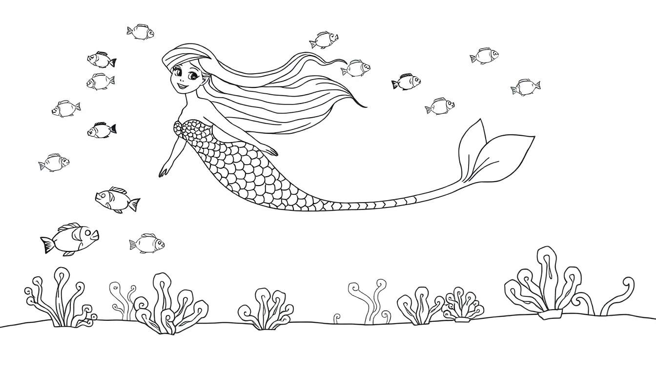 Una sirena de caricatura en blanco y negro, lista para colorear en su placa de color.