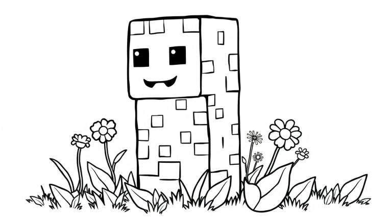 Placa de color de un personaje Slime de Minecraft con flores.