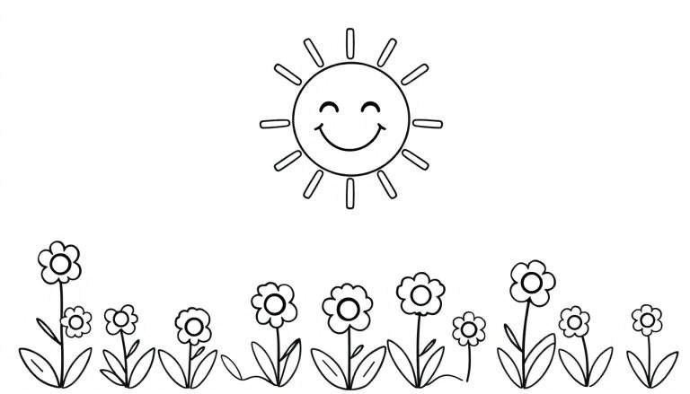 Placa de color de un sol sonriente y flores de dibujos animados.