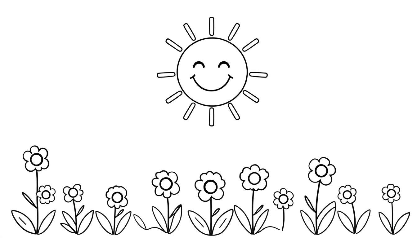 Placa de color de un sol sonriente y flores de dibujos animados.