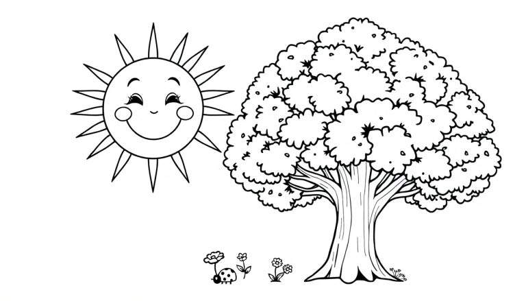 Placa de color de un sol sonriente y un árbol frondoso.