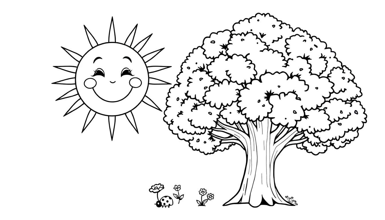 Placa de color de un sol sonriente y un árbol frondoso.