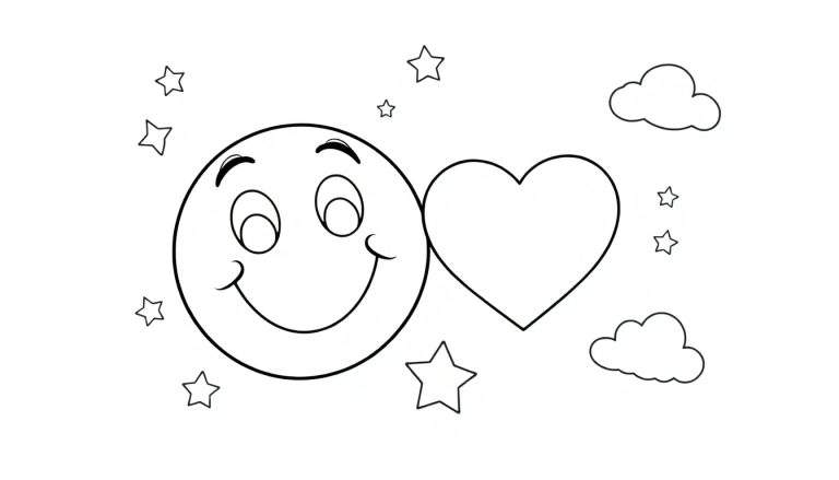 Placa de color de un emoji sonriente y un corazón rodeados de estrellas y nubes.