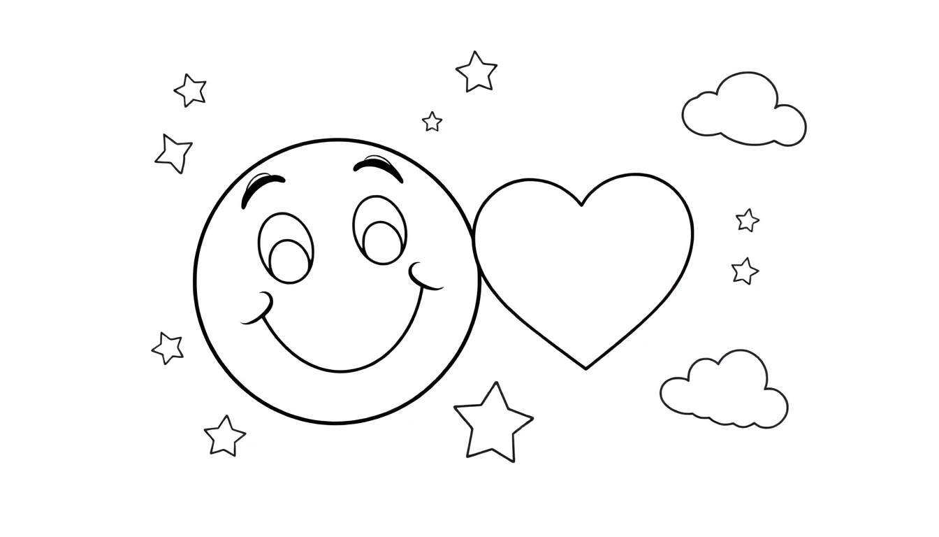 Placa de color de un emoji sonriente y un corazón rodeados de estrellas y nubes.