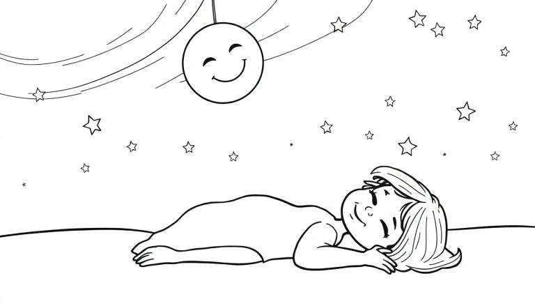 Una niña durmiendo bajo un cielo estrellado con una luna sonriente, una placa de color para niños.