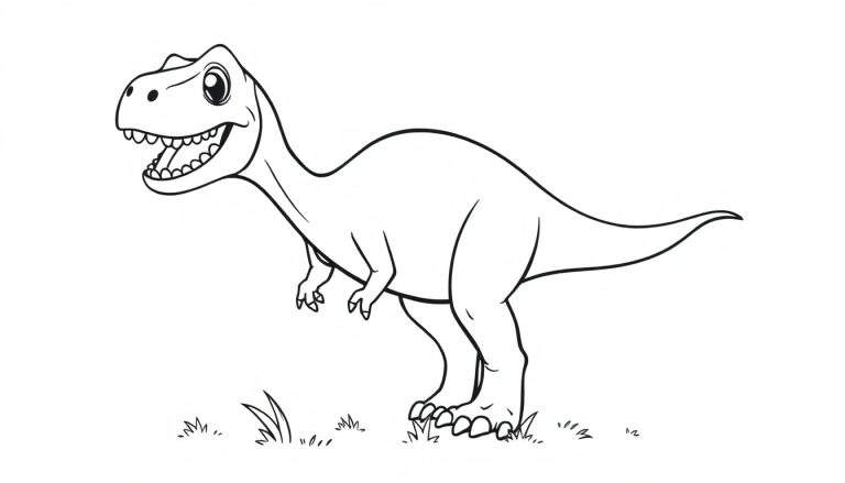 Un dibujo lineal de un T-Rex amigable listo para colorear, con ojos grandes y una sonrisa.