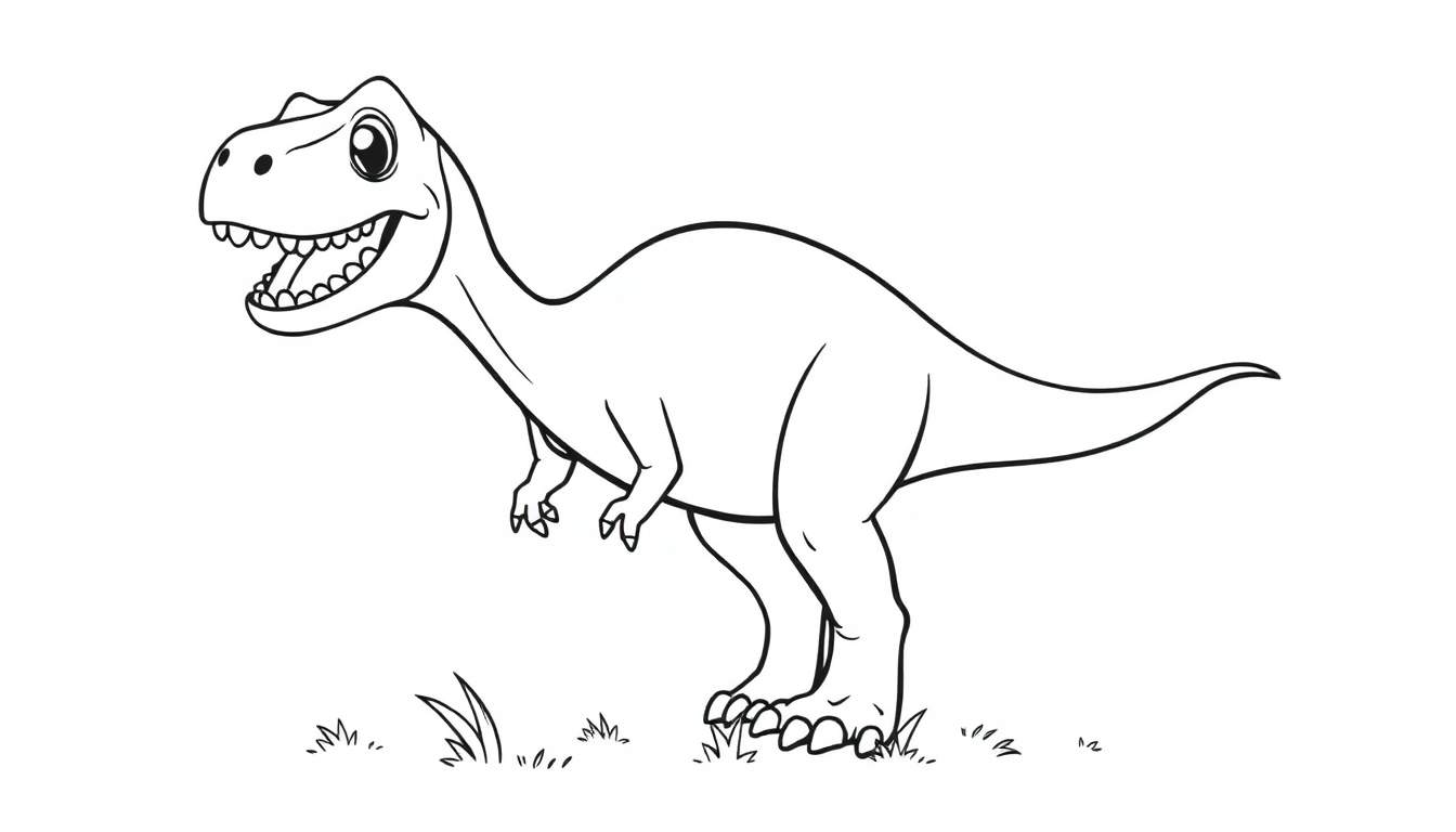Un dibujo lineal de un T-Rex amigable listo para colorear, con ojos grandes y una sonrisa.